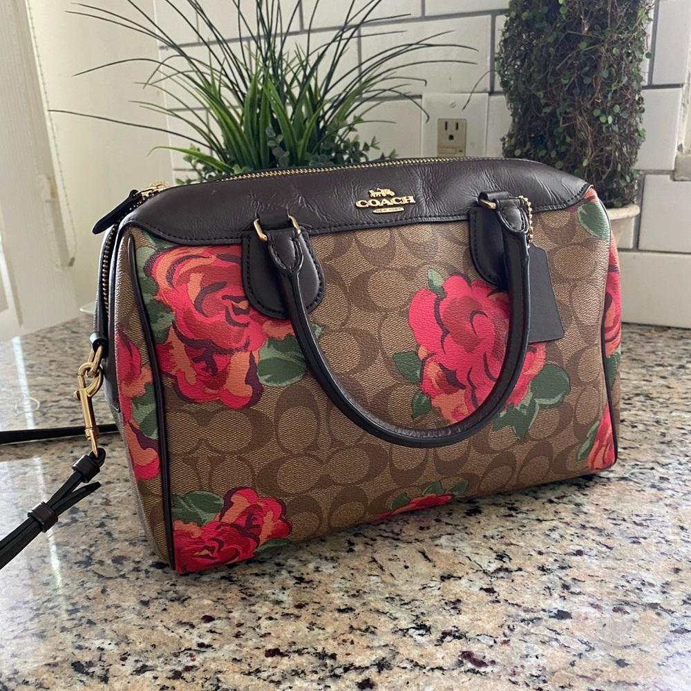 Coach Brown and Red Floral Large Bennett Satchel